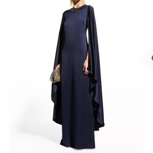 Rickie Freeman For Teri Jon Beaded Cape-Sleeve Satin Gown in Navy - Size 2